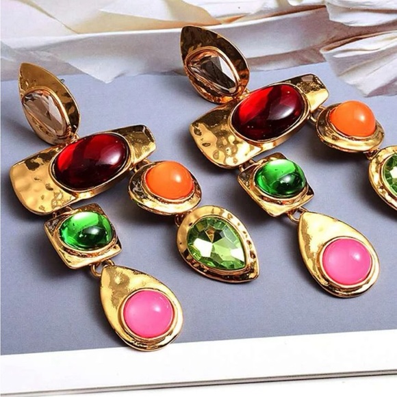 Gold multicolor statement earrings - retro spring earrings -multicolor earrings - Picture 2 of 5